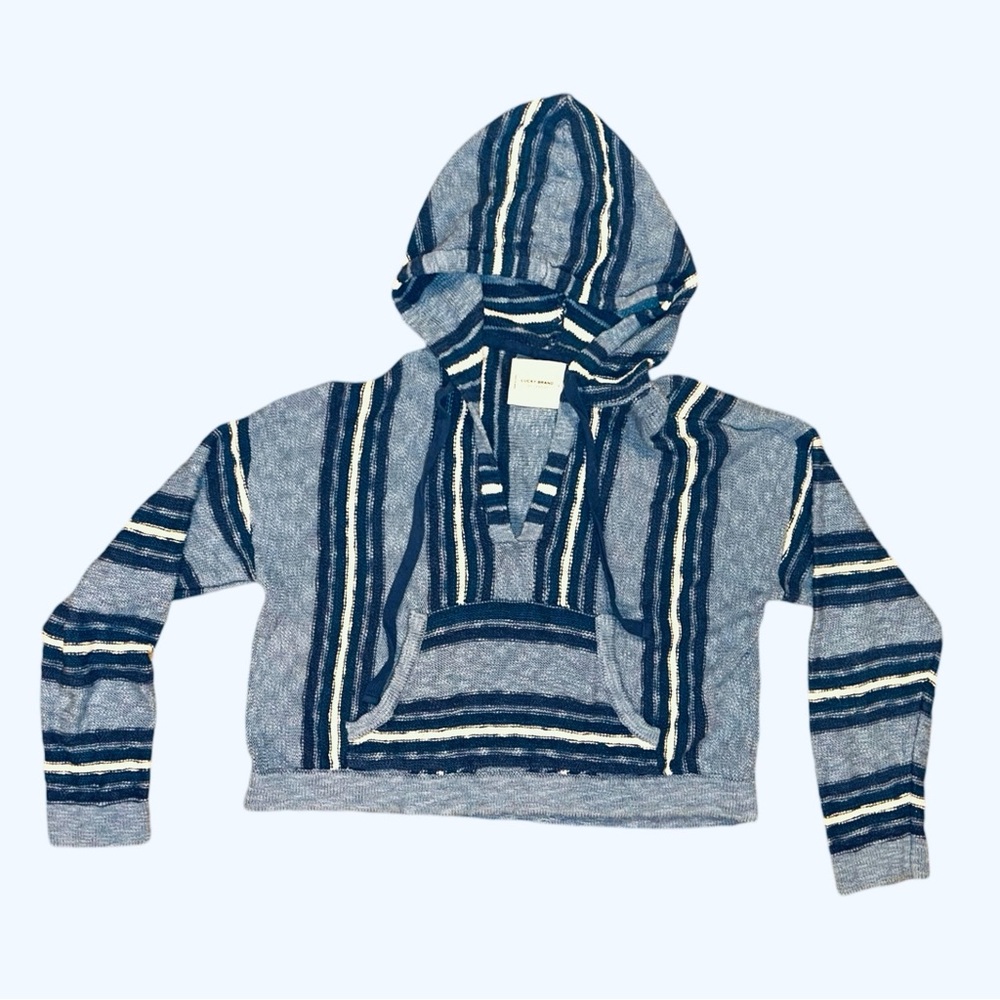 Lucky Brand Baja Women’s Small Blue Striped Beach Hoodie Cropped nautical Boho